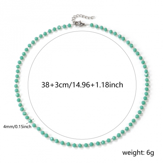 Image de Collier Ras de Cou Argent Mat en 304 Acier Inoxydable & Cristal de Quartz Pour Femmes, Chaîne Perlée 38cm + 3cm, Vert Clair A Facettes, Exquis Cadeau, Respectueux de la Nature, 1 Pièce