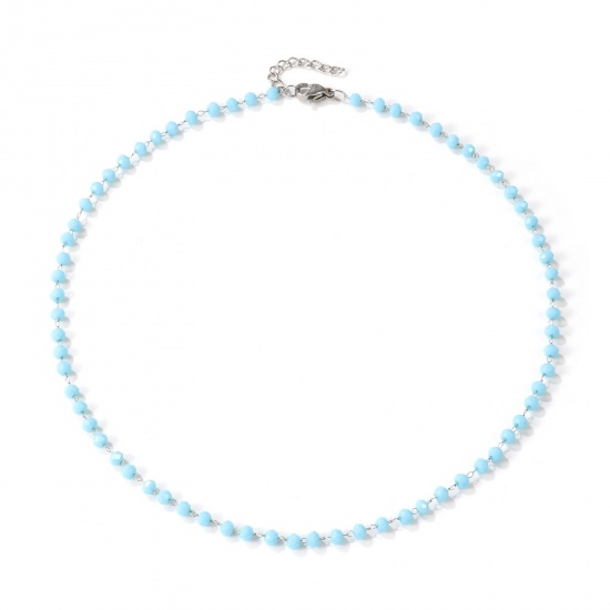 Image de Collier Ras de Cou Argent Mat en 304 Acier Inoxydable & Cristal de Quartz Pour Femmes, Chaîne Perlée 38cm + 3cm, Bleu Clair A Facettes, Exquis Cadeau, Respectueux de la Nature, 1 Pièce