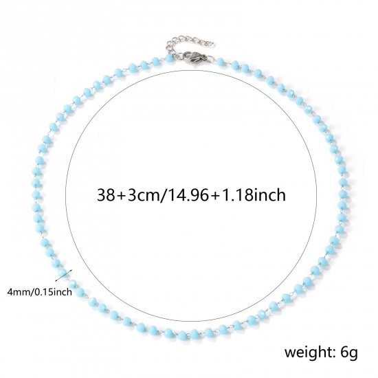 Image de Collier Ras de Cou Argent Mat en 304 Acier Inoxydable & Cristal de Quartz Pour Femmes, Chaîne Perlée 38cm + 3cm, Bleu Clair A Facettes, Exquis Cadeau, Respectueux de la Nature, 1 Pièce
