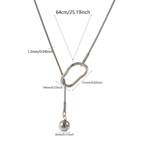 Picture of Silver Tone Snake Chain Round Y Shaped Lariat Necklace, 304 Stainless Steel 64cm(25.2"), For Women, Stylish Gift, Eco-friendly, 1 Piece