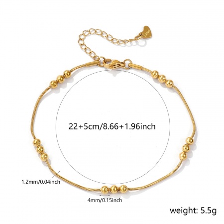 Picture of Wholesale Beaded 304 Stainless Steel Snake Chain Anklet, 18K Real Gold Plated Eco-friendly PVD Vacuum Plating Waterproof Anti-Tarnish Hypoallergenic, Women's Exquisite Minimalist Gift Jewelry Supply, 22cm(8.7") long, 1 Piece