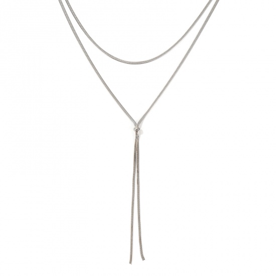 Immagine di 1 Pz Tono Argento Catena di Serpente Piatta Nappine Collana, 304 Acciaio Inossidabile 40cm + 5cm, Dimensione della Catena: 3mm, Per Donne, Regolabile, Minimalista Squisito Regalo, Ecologico