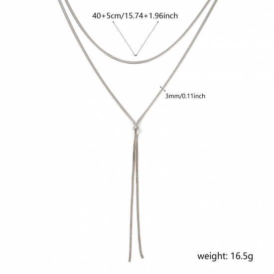 Immagine di 1 Pz Tono Argento Catena di Serpente Piatta Nappine Collana, 304 Acciaio Inossidabile 40cm + 5cm, Dimensione della Catena: 3mm, Per Donne, Regolabile, Minimalista Squisito Regalo, Ecologico