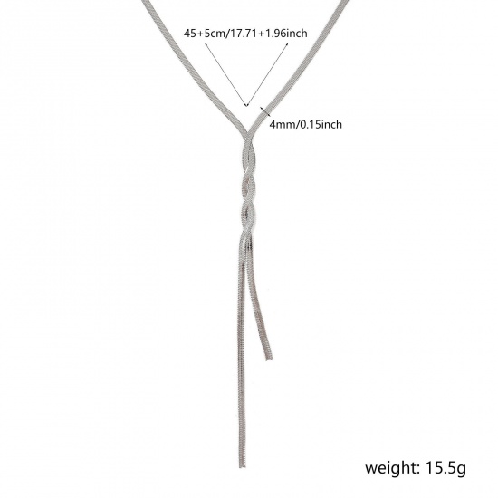 Immagine di 1 Pz Tono Argento Catena di Serpente Piatta Nappine Collana, 304 Acciaio Inossidabile 45cm + 5cm, Dimensione della Catena: 4mm, Per Donne, Minimalista Squisito Regalo, Ecologico