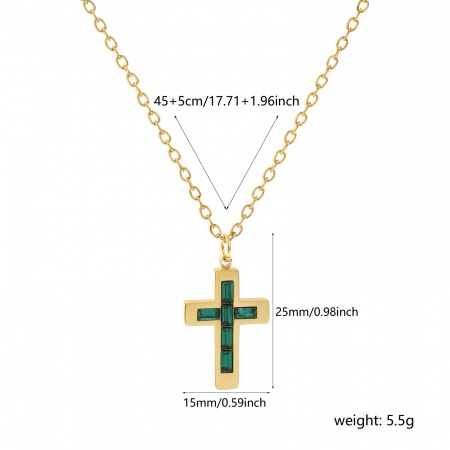 Picture of Wholesale Cross Green Rhinestone May Birthstone Pendant Charm Necklace, 18K Real Gold Plated 304 Stainless Steel Link Cable Chain, Women's Eco-friendly PVD Vacuum Plating Waterproof Anti-Tarnish Hypoallergenic Religious Minimalist Gift Jewelry For Retailer, 45cm(17.7") + 5cm(2") long, 1 Piece