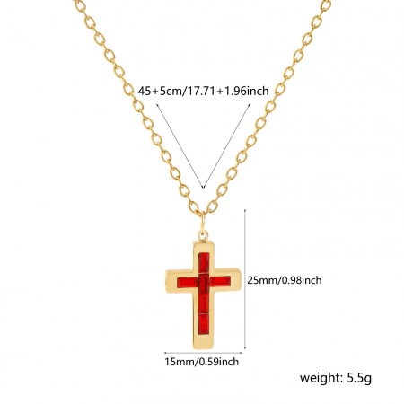 Picture of Wholesale Cross Red Rhinestone July Birthstone Pendant Charm Necklace, 18K Real Gold Plated 304 Stainless Steel Link Cable Chain, Women's Eco-friendly PVD Vacuum Plating Waterproof Anti-Tarnish Hypoallergenic Religious Minimalist Gift Jewelry For Retailer, 45cm(17.7") + 5cm(2") long, 1 Piece