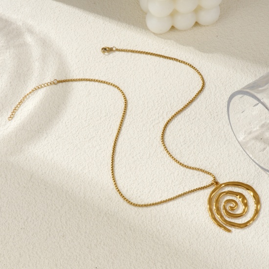 Picture of 18K Real Gold Plated Box Chain Spiral Pendant Charm Necklace, 304 Stainless Steel 45cm(17.7") + 5cm(2"), For Women, Hollow, Minimalist Stylish Gift, Eco-friendly PVD Vacuum Plating, 1 Piece