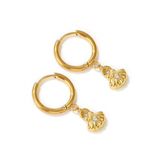Imagen de 2 PCs Eco-friendly PVD Vacuum Plating Ocean Jewelry 18K Real Gold Plated 304 Stainless Steel & Cubic Zirconia Shell Hoop Earrings For Women Gift 3cm x 1.6cm, Post/ Wire Size: 1mm(18 gauge)