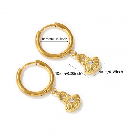 Picture of Wholesale Ocean Jewelry Hoop Earrings, Shell 18K Real Gold Plated 304 Stainless Steel & Cubic Zirconia, Women's Eco-friendly PVD Vacuum Plating Waterproof Anti-Tarnish Hypoallergenic Gift Jewelry Supply, 3cm x 1.6cm, Post/ Wire Size: 1mm(18 gauge), 2 PCs