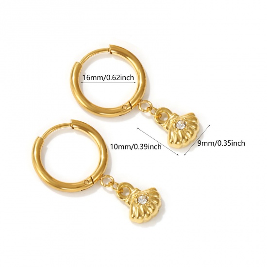 Imagen de 2 PCs Eco-friendly PVD Vacuum Plating Ocean Jewelry 18K Real Gold Plated 304 Stainless Steel & Cubic Zirconia Shell Hoop Earrings For Women Gift 3cm x 1.6cm, Post/ Wire Size: 1mm(18 gauge)