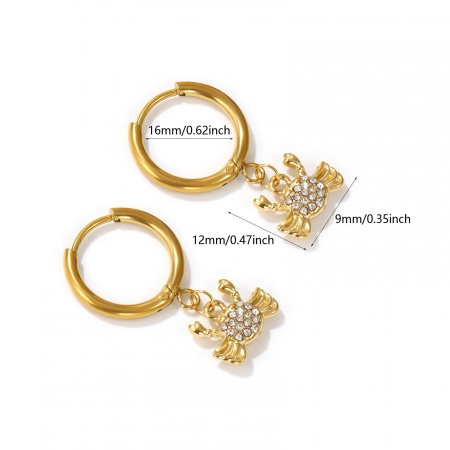 Picture of Wholesale Ocean Jewelry Hoop Earrings, Crab Animal 18K Real Gold Plated 304 Stainless Steel & Cubic Zirconia, Women's Eco-friendly PVD Vacuum Plating Waterproof Anti-Tarnish Hypoallergenic Gift Jewelry Supply, 29mm x 16mm, Post/ Wire Size: 1mm(18 gauge), 2 PCs