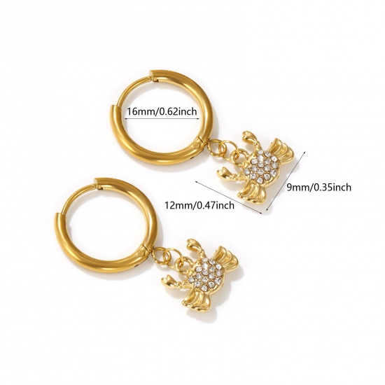 Imagen de 2 PCs Eco-friendly PVD Vacuum Plating Ocean Jewelry 18K Real Gold Plated 304 Stainless Steel & Cubic Zirconia Crab Animal Hoop Earrings For Women Gift 29mm x 16mm, Post/ Wire Size: 1mm(18 gauge)