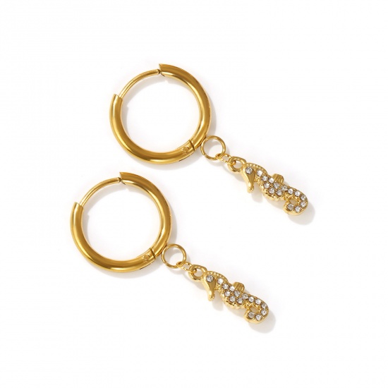 Imagen de 2 PCs Eco-friendly PVD Vacuum Plating Ocean Jewelry 18K Real Gold Plated 304 Stainless Steel & Cubic Zirconia Seahorse Animal Hoop Earrings For Women Gift 3.5cm x 1.6cm, Post/ Wire Size: 1mm(18 gauge)