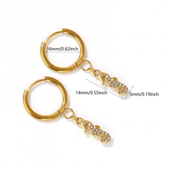 Imagen de 2 PCs Eco-friendly PVD Vacuum Plating Ocean Jewelry 18K Real Gold Plated 304 Stainless Steel & Cubic Zirconia Seahorse Animal Hoop Earrings For Women Gift 3.5cm x 1.6cm, Post/ Wire Size: 1mm(18 gauge)