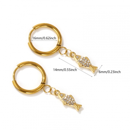 Picture of Wholesale Ocean Jewelry Hoop Earrings, Fish Animal 18K Real Gold Plated 304 Stainless Steel & Cubic Zirconia, Women's Eco-friendly PVD Vacuum Plating Waterproof Anti-Tarnish Hypoallergenic Gift Jewelry Supply, 3.5cm x 1.6cm, Post/ Wire Size: 1mm(18 gauge), 2 PCs