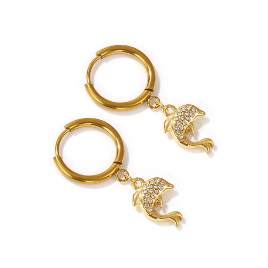 Imagen de 2 PCs Eco-friendly PVD Vacuum Plating Ocean Jewelry 18K Real Gold Plated 304 Stainless Steel & Cubic Zirconia Dolphin Animal Hoop Earrings For Women Gift 3.5cm x 1.6cm, Post/ Wire Size: 1mm(18 gauge)