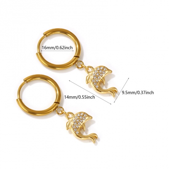 Imagen de 2 PCs Eco-friendly PVD Vacuum Plating Ocean Jewelry 18K Real Gold Plated 304 Stainless Steel & Cubic Zirconia Dolphin Animal Hoop Earrings For Women Gift 3.5cm x 1.6cm, Post/ Wire Size: 1mm(18 gauge)