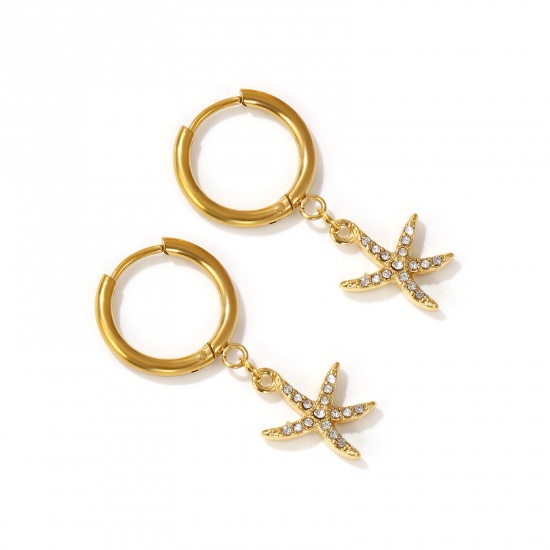 Imagen de 2 PCs Eco-friendly PVD Vacuum Plating Ocean Jewelry 18K Real Gold Plated 304 Stainless Steel & Cubic Zirconia Star Fish Hoop Earrings For Women Gift 3.5cm x 1.6cm, Post/ Wire Size: 1mm(18 gauge)