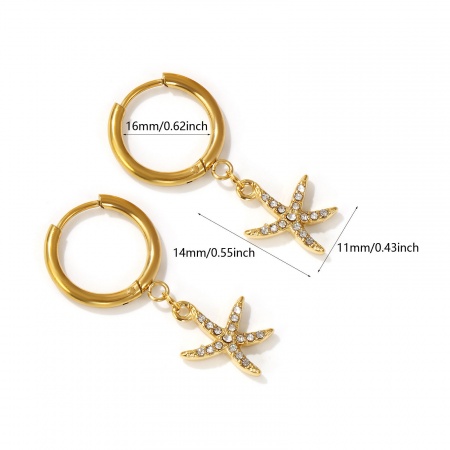 Picture of Wholesale Ocean Jewelry Hoop Earrings, Starfish 18K Real Gold Plated 304 Stainless Steel & Cubic Zirconia, Women's Eco-friendly PVD Vacuum Plating Waterproof Anti-Tarnish Hypoallergenic Gift Jewelry Supply, 3.5cm x 1.6cm, Post/ Wire Size: 1mm(18 gauge), 2 PCs