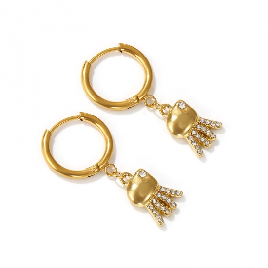 Imagen de 2 PCs Eco-friendly PVD Vacuum Plating Ocean Jewelry 18K Real Gold Plated 304 Stainless Steel & Cubic Zirconia Octopus Hoop Earrings For Women Gift 3.5cm x 1.6cm, Post/ Wire Size: 1mm(18 gauge)
