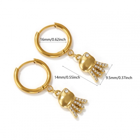 Picture of Wholesale Ocean Jewelry Hoop Earrings, Octopus 18K Real Gold Plated 304 Stainless Steel & Cubic Zirconia, Women's Eco-friendly PVD Vacuum Plating Waterproof Anti-Tarnish Hypoallergenic Gift Jewelry Supply, 3.5cm x 1.6cm, Post/ Wire Size: 1mm(18 gauge), 2 PCs