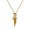 Picture of 18K Real Gold Plated Paperclip Link Chain Fish Animal Pendant Charm Necklace, 304 Stainless Steel & Natural Pearl 45cm(17.7"), For Women, Clear Rhinestone Mauve Stylish Ocean Jewelry Eco-friendly PVD Vacuum Plating, 1 Piece