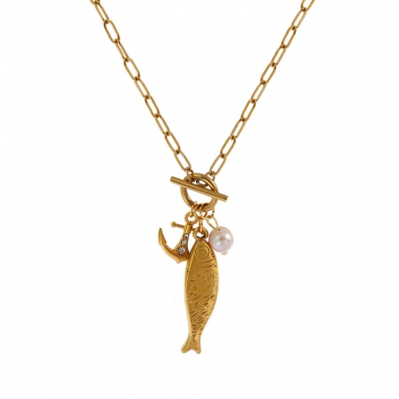 18K Real Gold Plated Paperclip Link Chain Fish Animal Pendant Charm Necklace, 304 Stainless Steel & Natural Pearl 45cm(17.7"), For Women, Clear Rhinestone Mauve Stylish Ocean Jewelry Eco-friendly PVD Vacuum Plating, 1 Piece