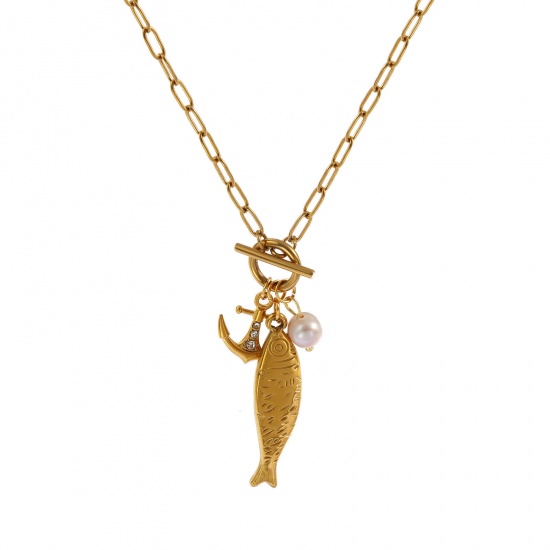 Immagine di 18K Vero Oro Placcato Catena a Graffetta Pesce Collana con Ciondolo, Acciaio Inossidabile 304 & Perla Naturale 45cm, Per Donne, Trasparente Strass Viola Chiaro Elegante Gioielli Oceanici Placcatura Sottovuoto PVD Ecologica, 1 Pz