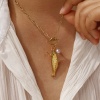 Picture of 18K Real Gold Plated Paperclip Link Chain Fish Animal Pendant Charm Necklace, 304 Stainless Steel & Natural Pearl 45cm(17.7"), For Women, Clear Rhinestone Mauve Stylish Ocean Jewelry Eco-friendly PVD Vacuum Plating, 1 Piece