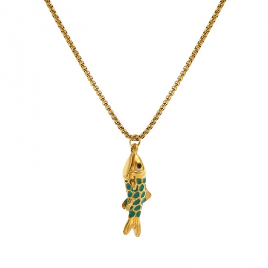 Image de Collier à Breloques Poisson Plaqué Or Véritable 18K en 304 Acier Inoxydable Pour Femmes, Chaîne Maille Vénitienne 45cm + 5cm, Vert Émail 3D, Bijoux d'Océan À la Mode Cadeau, Revêtement sous Vide PVD Respectueux de l'Environnement, 1 Pièce