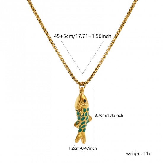 Image de Collier à Breloques Poisson Plaqué Or Véritable 18K en 304 Acier Inoxydable Pour Femmes, Chaîne Maille Vénitienne 45cm + 5cm, Vert Émail 3D, Bijoux d'Océan À la Mode Cadeau, Revêtement sous Vide PVD Respectueux de l'Environnement, 1 Pièce