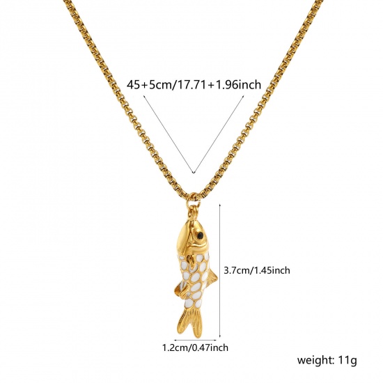 Image de Collier à Breloques Poisson Plaqué Or Véritable 18K en 304 Acier Inoxydable Pour Femmes, Chaîne Maille Vénitienne 45cm + 5cm, Blanc Émail 3D, Bijoux d'Océan À la Mode Cadeau, Revêtement sous Vide PVD Respectueux de l'Environnement, 1 Pièce