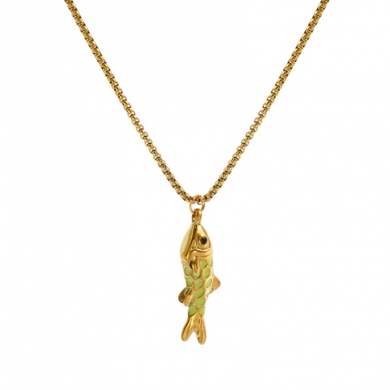 Image de Collier à Breloques Poisson Plaqué Or Véritable 18K en 304 Acier Inoxydable Pour Femmes, Chaîne Maille Vénitienne 45cm + 5cm, Vert-Jaune Émail 3D, Bijoux d'Océan À la Mode Cadeau, Revêtement sous Vide PVD Respectueux de l'Environnement, 1 Pièce