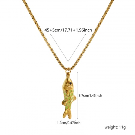 Picture of Wholesale Fish Animal Yellow-green 3D Pendant Charm Necklace, 18K Real Gold Plated 304 Stainless Steel Box Chain, Women's Eco-friendly PVD Vacuum Plating Waterproof Anti-Tarnish Hypoallergenic Ocean Jewelry Stylish Gift Jewelry For Retailer, 45cm(17.7") + 5cm(2") long, 1 Piece