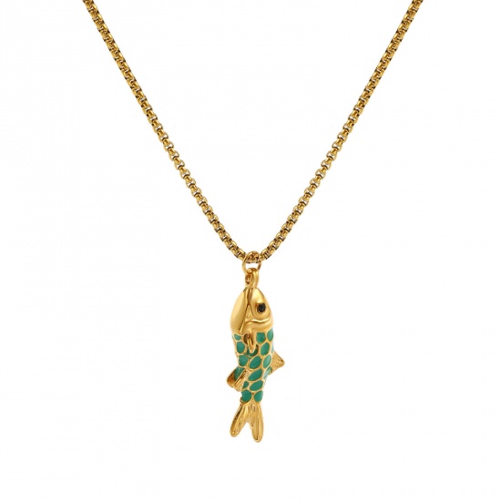 Image de Collier à Breloques Poisson Plaqué Or Véritable 18K en 304 Acier Inoxydable Pour Femmes, Chaîne Maille Vénitienne 45cm + 5cm, Emeraude Émail 3D, Bijoux d'Océan À la Mode Cadeau, Revêtement sous Vide PVD Respectueux de l'Environnement, 1 Pièce