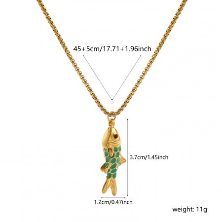 Picture of Wholesale Fish Animal Emerald Green 3D Pendant Charm Necklace, 18K Real Gold Plated 304 Stainless Steel Box Chain, Women's Eco-friendly PVD Vacuum Plating Waterproof Anti-Tarnish Hypoallergenic Ocean Jewelry Stylish Gift Jewelry For Retailer, 45cm(17.7") + 5cm(2") long, 1 Piece