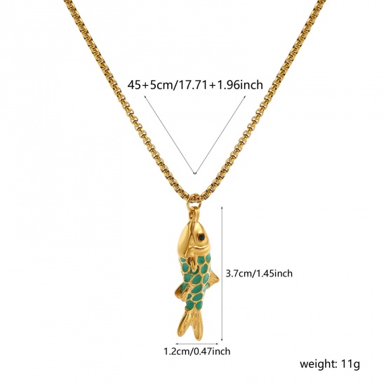 Image de Collier à Breloques Poisson Plaqué Or Véritable 18K en 304 Acier Inoxydable Pour Femmes, Chaîne Maille Vénitienne 45cm + 5cm, Emeraude Émail 3D, Bijoux d'Océan À la Mode Cadeau, Revêtement sous Vide PVD Respectueux de l'Environnement, 1 Pièce