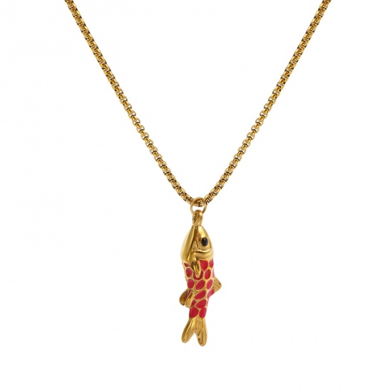 Image de Collier à Breloques Poisson Plaqué Or Véritable 18K en 304 Acier Inoxydable Pour Femmes, Chaîne Maille Vénitienne 45cm + 5cm, Fuchsia Émail 3D, Bijoux d'Océan À la Mode Cadeau, Revêtement sous Vide PVD Respectueux de l'Environnement, 1 Pièce