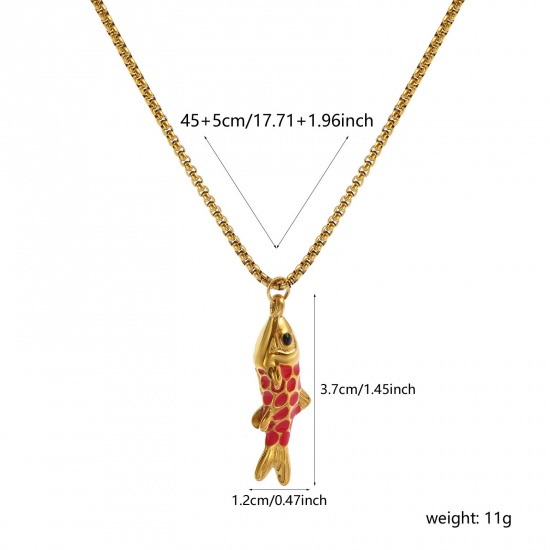 Image de Collier à Breloques Poisson Plaqué Or Véritable 18K en 304 Acier Inoxydable Pour Femmes, Chaîne Maille Vénitienne 45cm + 5cm, Fuchsia Émail 3D, Bijoux d'Océan À la Mode Cadeau, Revêtement sous Vide PVD Respectueux de l'Environnement, 1 Pièce