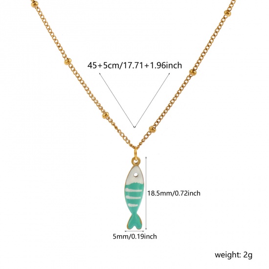 18K Real Gold Plated Curb Link Chain Fish Animal Pendant Charm Necklace, 304 Stainless Steel 45cm(17.7") + 5cm(2"), For Women, Mint Green Double-sided Enamel, Stylish Ocean Jewelry Gift, Eco-friendly PVD Vacuum Plating, 1 Piece の画像