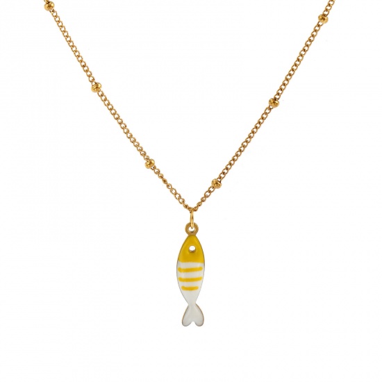 18K Real Gold Plated Curb Link Chain Fish Animal Pendant Charm Necklace, 304 Stainless Steel 45cm(17.7") + 5cm(2"), For Women, Yellow Double-sided Enamel, Stylish Ocean Jewelry Gift, Eco-friendly PVD Vacuum Plating, 1 Piece の画像