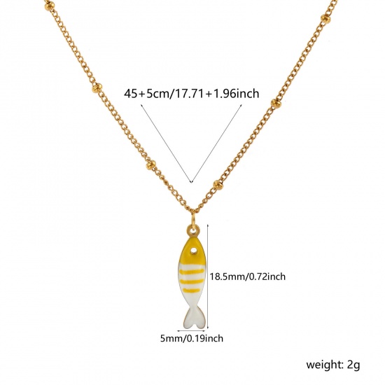 18K Real Gold Plated Curb Link Chain Fish Animal Pendant Charm Necklace, 304 Stainless Steel 45cm(17.7") + 5cm(2"), For Women, Yellow Double-sided Enamel, Stylish Ocean Jewelry Gift, Eco-friendly PVD Vacuum Plating, 1 Piece の画像