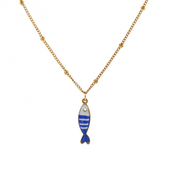18K Real Gold Plated Curb Link Chain Fish Animal Pendant Charm Necklace, 304 Stainless Steel 45cm(17.7") + 5cm(2"), For Women, Blue Double-sided Enamel, Stylish Ocean Jewelry Gift, Eco-friendly PVD Vacuum Plating, 1 Piece の画像