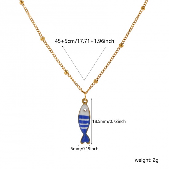 18K Real Gold Plated Curb Link Chain Fish Animal Pendant Charm Necklace, 304 Stainless Steel 45cm(17.7") + 5cm(2"), For Women, Blue Double-sided Enamel, Stylish Ocean Jewelry Gift, Eco-friendly PVD Vacuum Plating, 1 Piece の画像