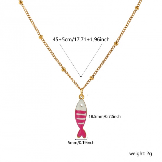 18K Real Gold Plated Curb Link Chain Fish Animal Pendant Charm Necklace, 304 Stainless Steel 45cm(17.7") + 5cm(2"), For Women, Hot Pink Double-sided Enamel, Stylish Ocean Jewelry Gift, Eco-friendly PVD Vacuum Plating, 1 Piece の画像