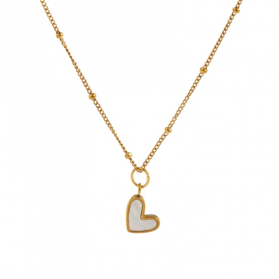 Immagine di 18K Real Gold Plated Curb Link Chain Heart Pendant Charm Necklace, 304 Stainless Steel & Natural Shell 45cm(17.7") + 5cm(2"), For Women, White Stylish Valentine's Day Gift, Eco-friendly PVD Vacuum Plating, 1 Piece
