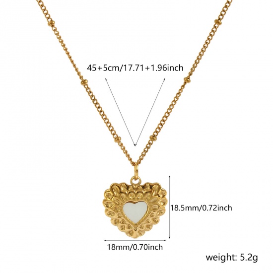 Immagine di 18K Real Gold Plated Curb Link Chain Heart Pendant Charm Necklace, 304 Stainless Steel & Natural Shell 45cm(17.7") + 5cm(2"), For Women, White Stylish Valentine's Day Gift, Eco-friendly PVD Vacuum Plating, 1 Piece
