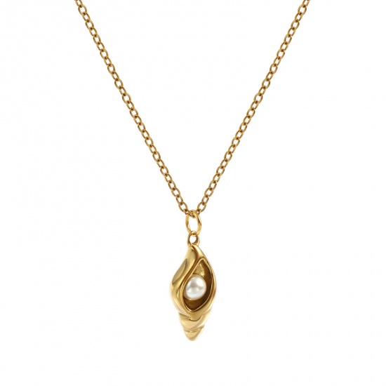 Immagine di 18K Real Gold Plated Link Cable Chain Conch/ Sea Snail Pendant Charm Necklace, 304 Stainless Steel 45cm(17.7") + 5cm(2"), For Women, White Acrylic Imitation Pearl, Stylish Ocean Jewelry Eco-friendly PVD Vacuum Plating, 1 Piece