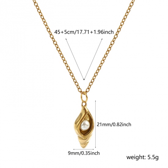 Immagine di 18K Real Gold Plated Link Cable Chain Conch/ Sea Snail Pendant Charm Necklace, 304 Stainless Steel 45cm(17.7") + 5cm(2"), For Women, White Acrylic Imitation Pearl, Stylish Ocean Jewelry Eco-friendly PVD Vacuum Plating, 1 Piece