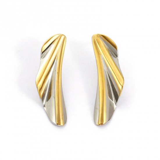 Bild von 1 Pair Eco-friendly PVD Vacuum Plating Dainty Exquisite 18K Real Gold Plated & Silver Tone 304 Stainless Steel Feather Two Tone Ear Post Stud Earrings For Women Gift 3.8cm x 1.1cm, Post/ Wire Size: 0.7mm(21 gauge)